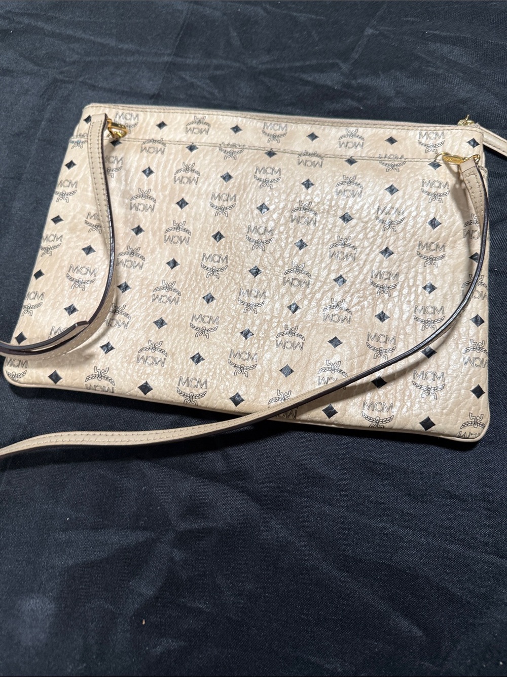 MCM Beige Monogram Slim Crossbody with Black Trim